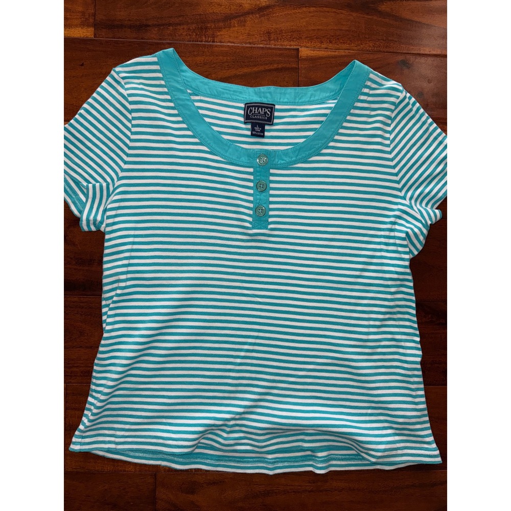 Chaps Henley Top Womens L Turquoise Excellent Striped Cotton Short Sleeve Scoop